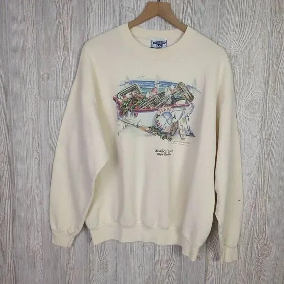 Vintage 90s Lee Men’s XL Scallop Cove Cream Pullover Crewneck Sweater - Picture 2 of 9